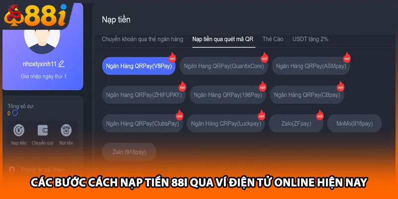 Các bước cách nạp tiền 88i qua ví điện tử online hiện nay